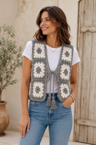 Gilet Femme en Crochet Granny Square Gris et Blanc – Veste Bohème Fait Main